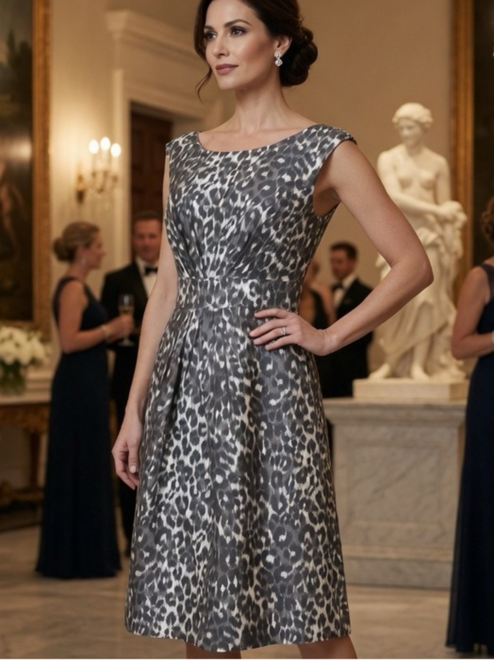 kate spade Silver Gray Leopard-Print Fit-and-Flare Midi Dress